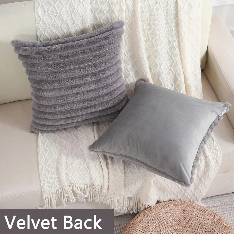Pillow Cover Faux Rabbit Fur Square Cushion Big Thick Striped Super Soft Solid Color  45x45cm Sofa Decor Cushion Cover