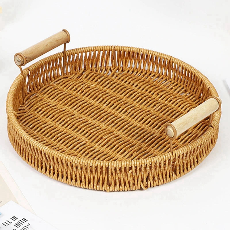 Multi-size Handwoven Rattan Storage Tray Round Wicker Basket Serving Tray With Wooden Handle Bread Food Plate Fruit Cake Platter