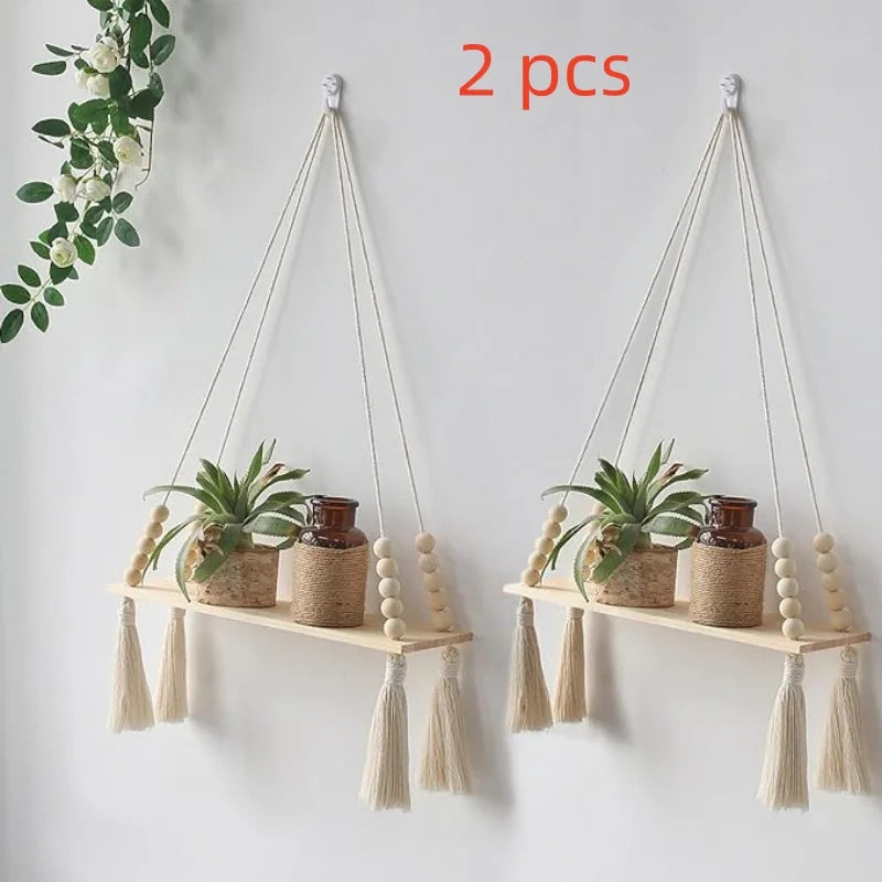 Wooden Macrame Wall Hanging Shelves - Boho Floating Shelves Macrame Plant Shelf Rustic Wall Decor for Bedroom Living Room Office