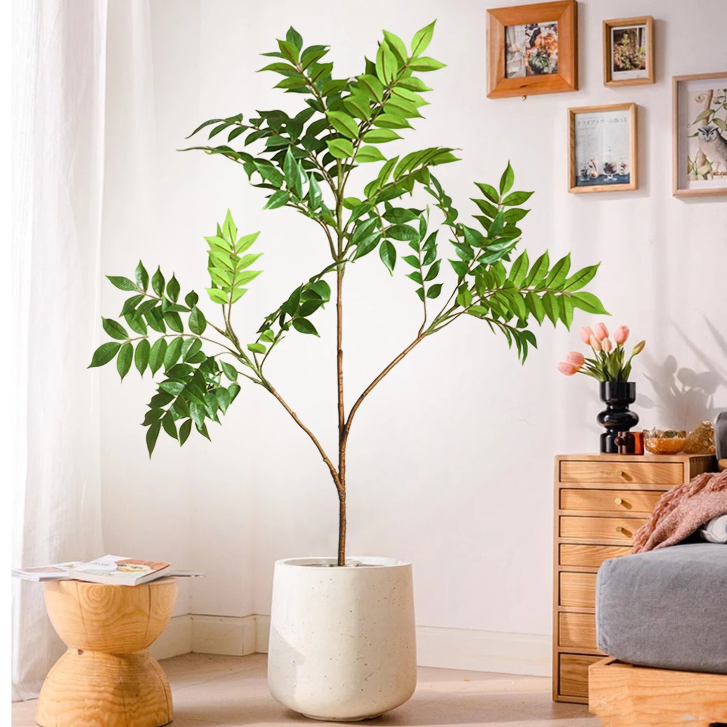 76-140（49.2in）Artificial Ficus Tree Branch Fake Lacquer Tree Plastic Banyan Plants Green Tall Palm Leaves For Home Garden Decor