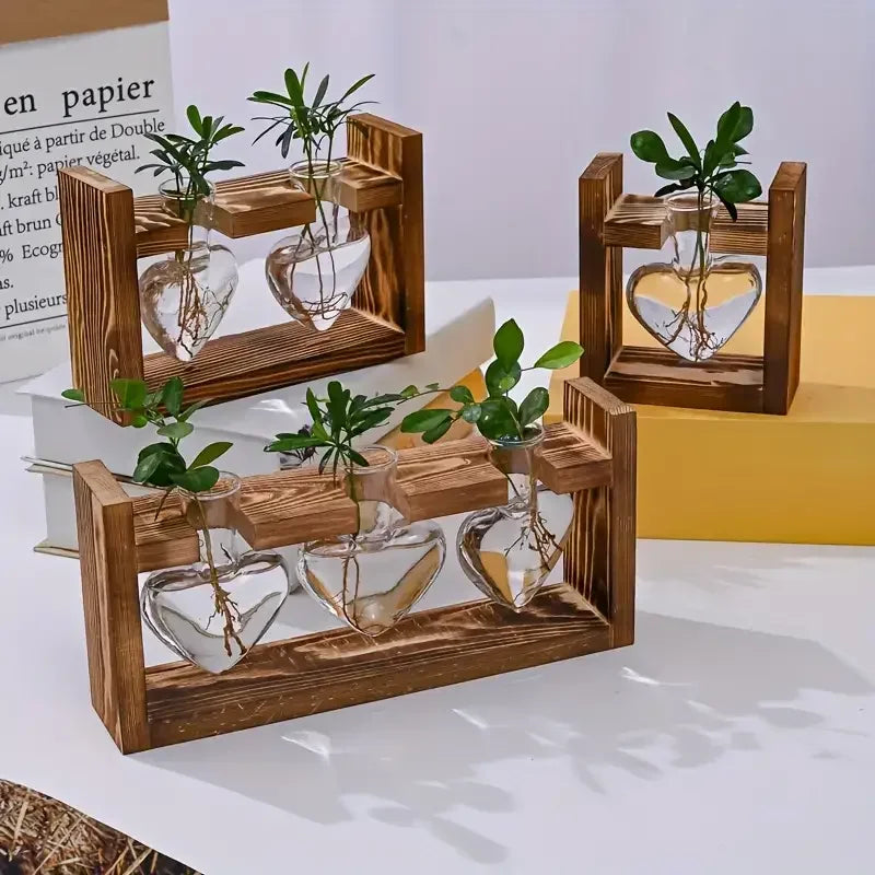 Heart Hydroponic Plant Vases Glass Vase Wooden Frame Terrarium Vase Hydroponics Plants Home Table Decoratio Office DIY Accessory