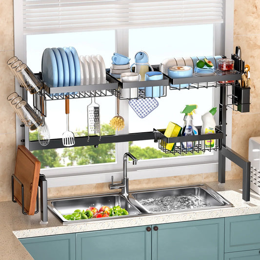 Over The Sink Dish Drying Rack,Expandable 2-Tier Stainless Steel Over The Sink Dish Rack with Utensil Holder Dish Drainers