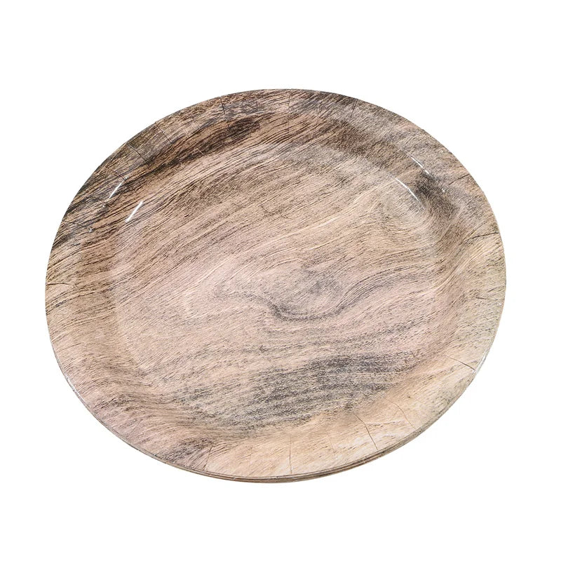 10Pcs 7/9-inch Retro Imitation Wood Grain Disposable Plate Paper Tray Birthday Party Holiday Decoration Household Tableware