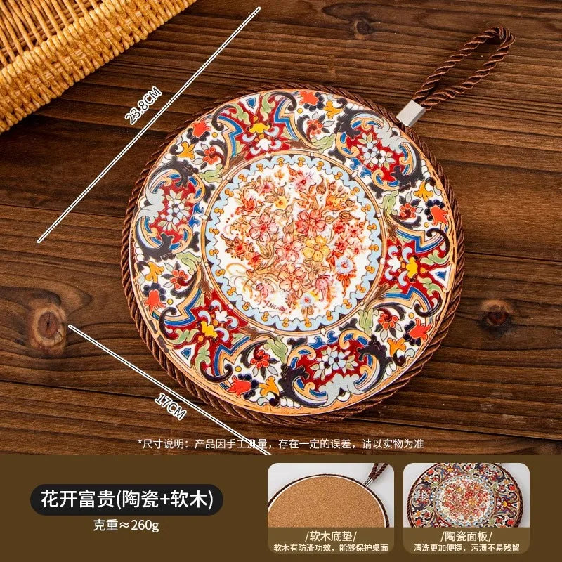 1pcs Ceramic Insulation Pad Ceramic Surface and Cork Bottom Construction with Hanging Rope Suitable for Serving Plates Cups Pans