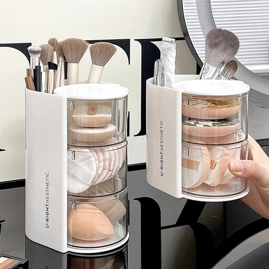Rotating Cosmetic Storage Box Makeup Powder Puff Shelf Holder Dustproof Desktop Remover Cotton Brush Storage Rack Organizer