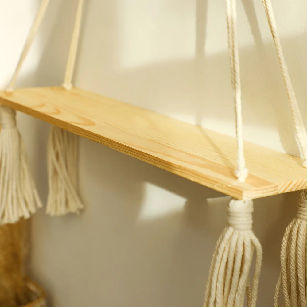 Wooden Macrame Wall Hanging Shelves - Boho Floating Shelves Macrame Plant Shelf Rustic Wall Decor for Bedroom Living Room Office