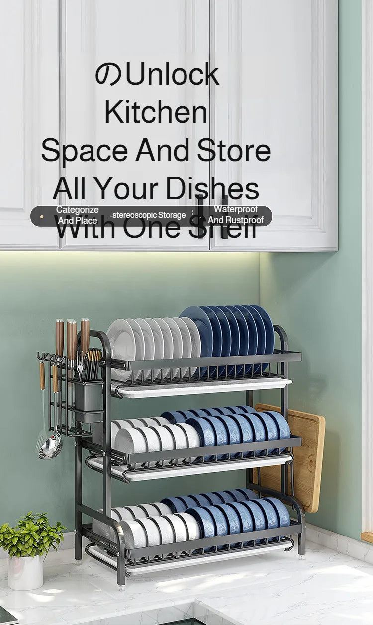 【Multi-Functional Kitchen Storage Rack】Dish Plate Organizer with Drainage Rack Countertop Utensil Holder for Chopsticks &
