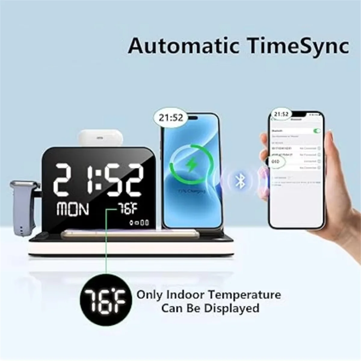 SEMOIC Wireless Charging Station 7 in 1 Fast Charger Stand with Clock Night Lights for Watches Smartphones