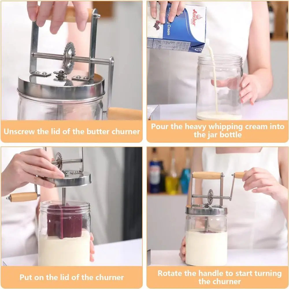 1/1.5L Butter Maker Mason Jar Butter Churner Cream Mixer With Hand Crank Baking Gadgets Wooden Handle Homemade Butter Maker