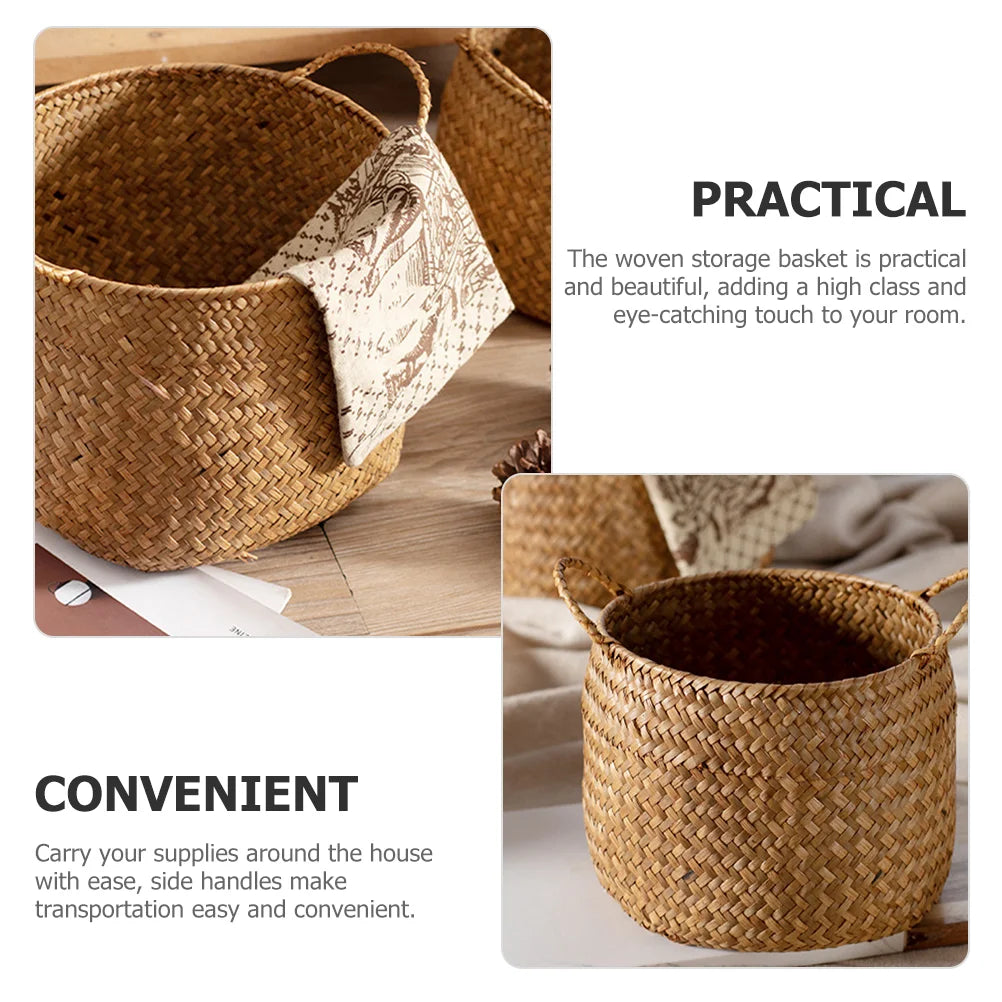 Storage Baskets Woven Sundries Small Japanese Flower Wicker Cute Organizers Brown with Handles Shopping