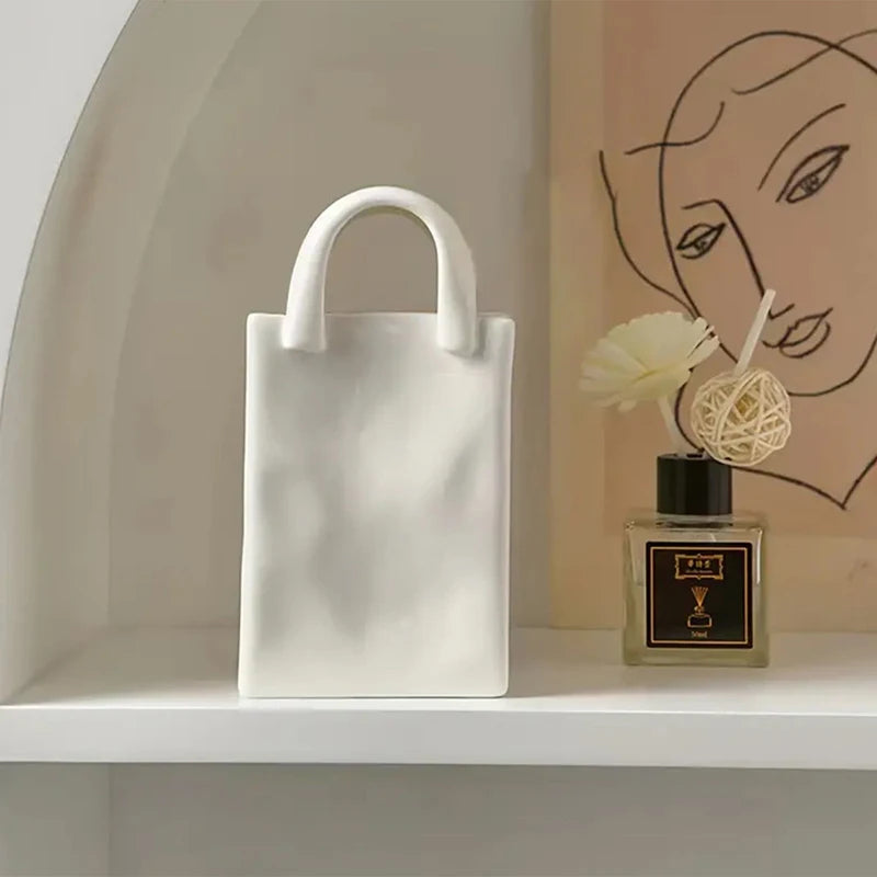 HUA HUA Handbag Shape Vase Modern Decorative White Vase Home Decoration Dried Flower Arrangement Table Decoration