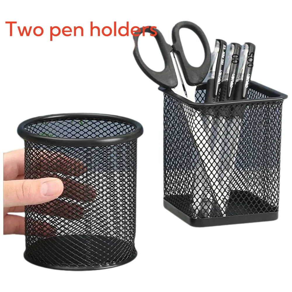Iron pen holder hollow desktop storage bucket Student stationery multi-functional office black color round square pen holder