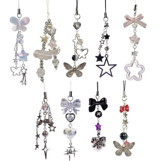 Cell Phone Rope Chain Anime Pendant Y2K Beaded Beads Chain Handmade Beads Strand Choker Pink Key Chain Phone Charm Key Chain