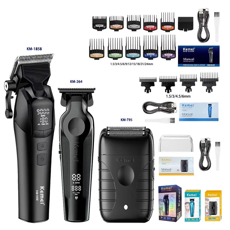 Kemei KM-1858 9000RPM 10W Hair Clipper,KM-264 Rechargeable Electric Trimmer,Original KM-T95 Shaver For Men Barber Clippers Kit