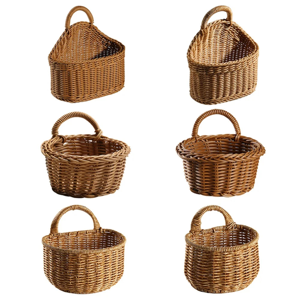 Kitchen Storage Rattan Basket with Handle Woven Hanging Baskets Minimalist Design Living Room Food Fruit Sundries Organizer  ﻿