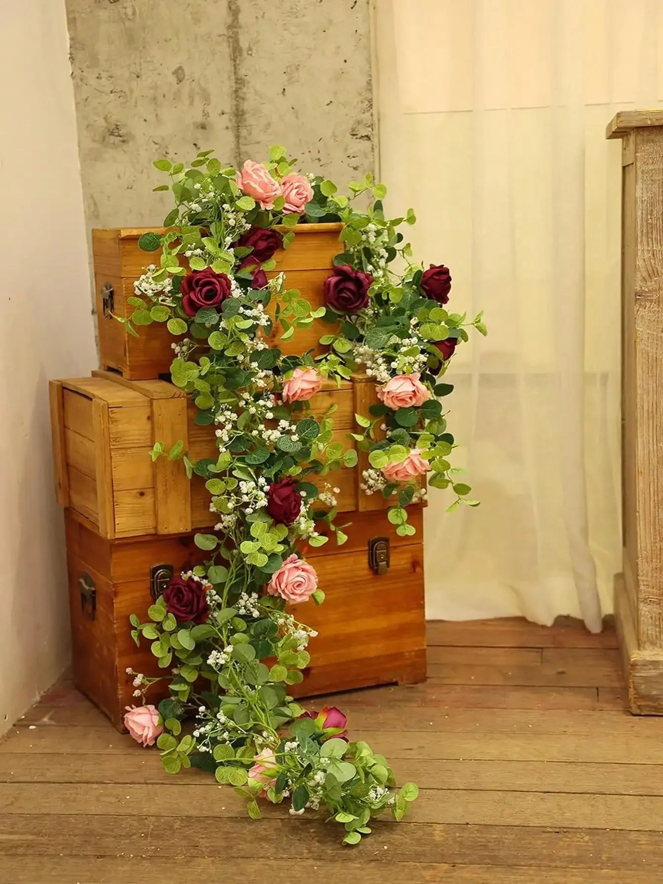 Artificial Flowers Silk Rose Gypsophila Garland Fake Eucalyptus Vine Hanging Plants for Wedding Home Party Craft Decor