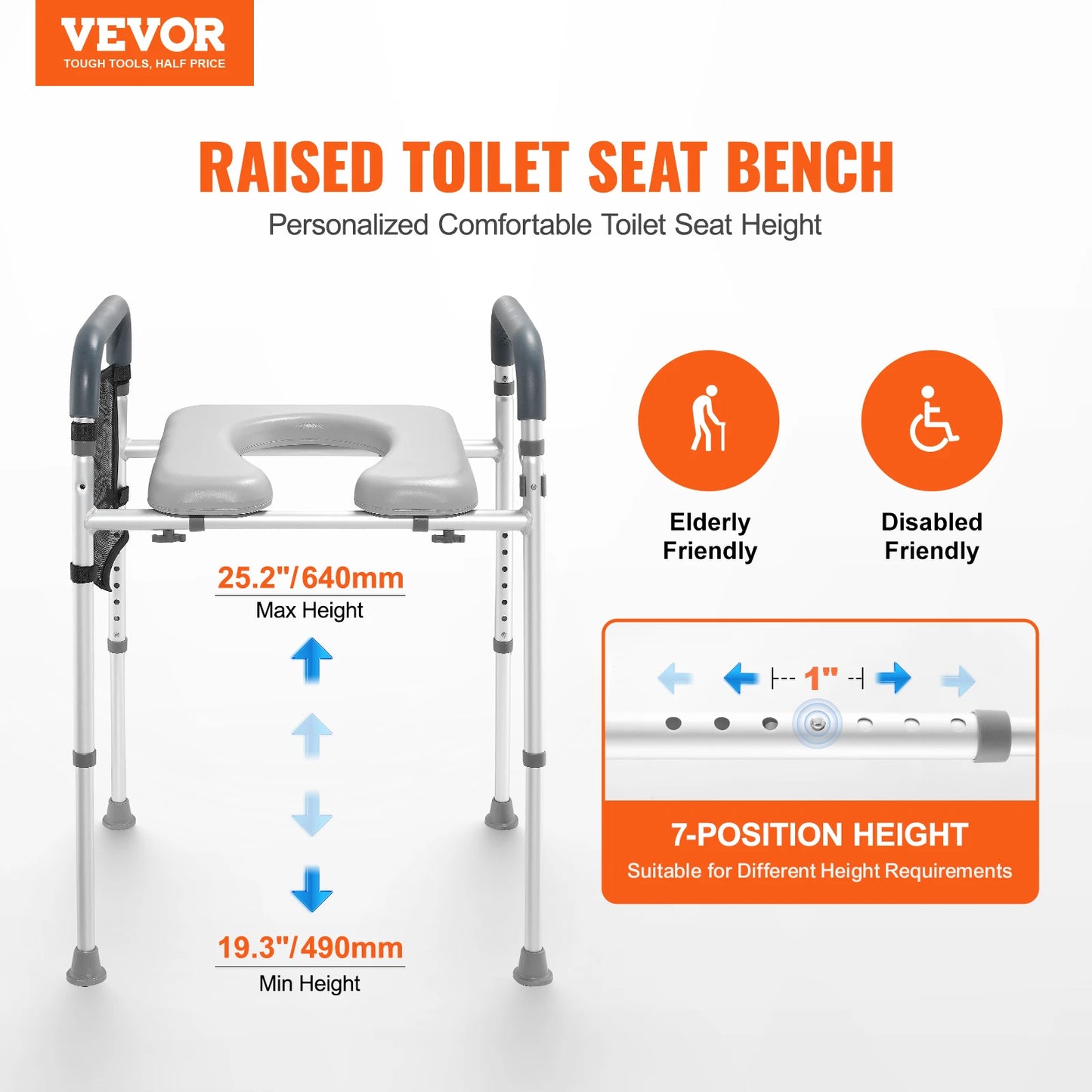 SucceBuy Raised Toilet Seat, 7-Position Height Adjustment 19.3"- 25.2" 350lbs Weight Capacity with Comfort Padded Aluminum Frame