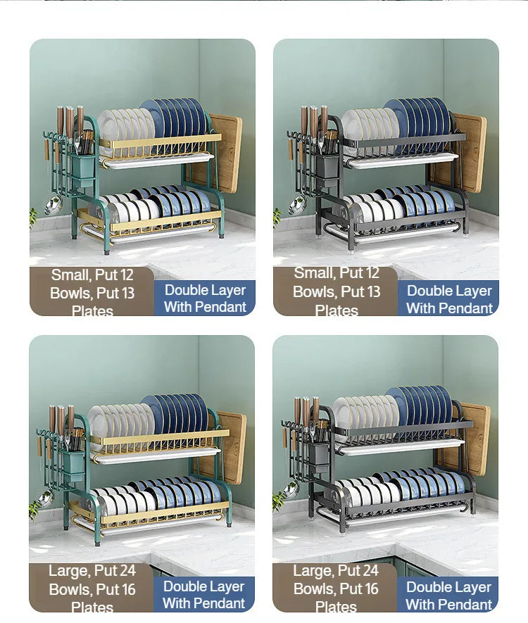 【Multi-Functional Kitchen Storage Rack】Dish Plate Organizer with Drainage Rack Countertop Utensil Holder for Chopsticks &