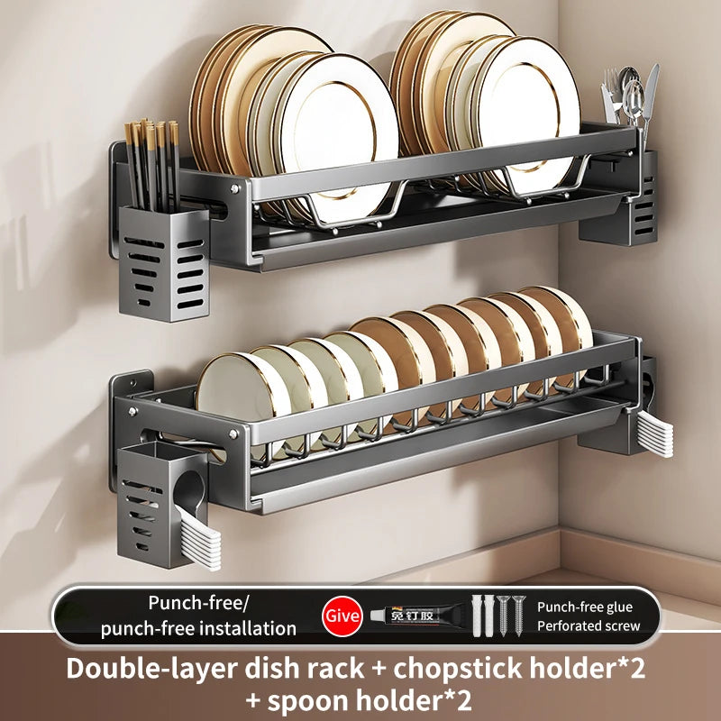 Kitchen Bowl Plate Drying Storage Shelf Wall Mounted Dish Drainer Rack Multifunction Chopsticks Spoon Tableware Dish Holder