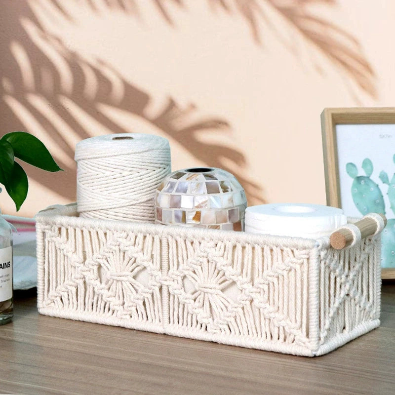 1Pcs Macrame Storage Basket Boho Decor Baskets for Organizing Countertop Toilet Paper Shelf Basket with Handle for Bathroom Bedr