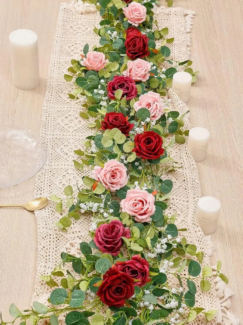 Artificial Flowers Silk Rose Gypsophila Garland Fake Eucalyptus Vine Hanging Plants for Wedding Home Party Craft Decor
