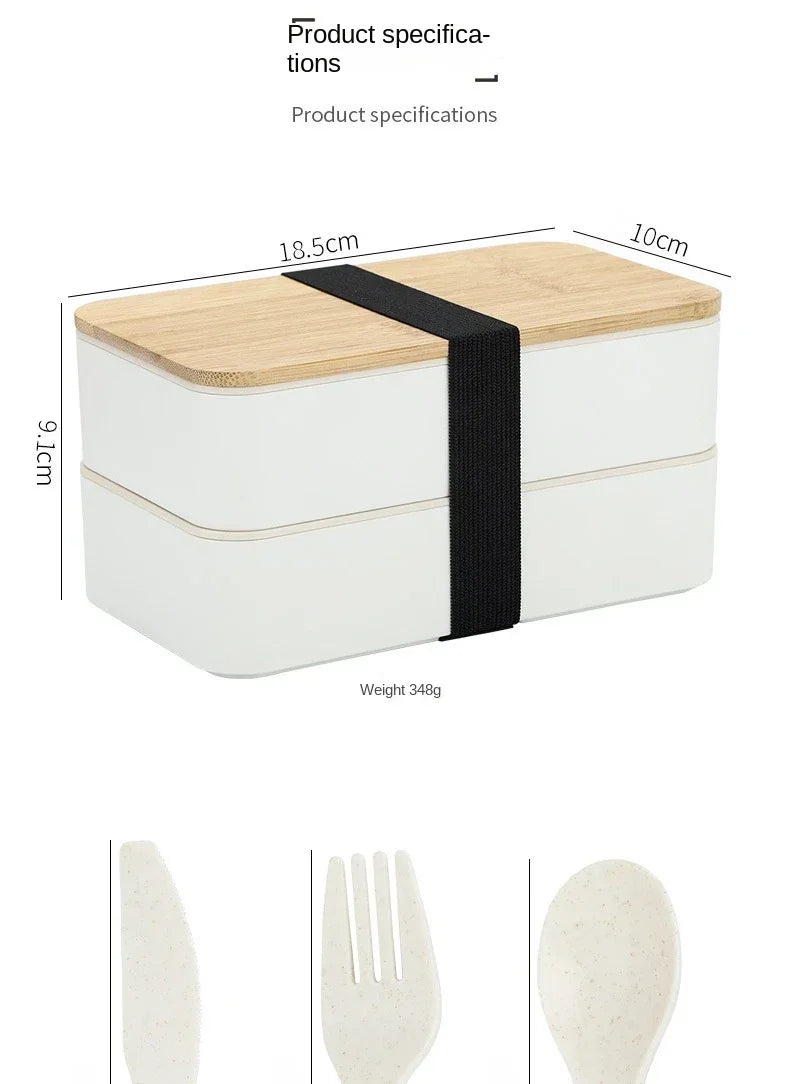 New Japanese Style Bento Box, Minimalist Double-layer Lunch Box with Knife, Fork, Spoon, Divided Student Lunch Box