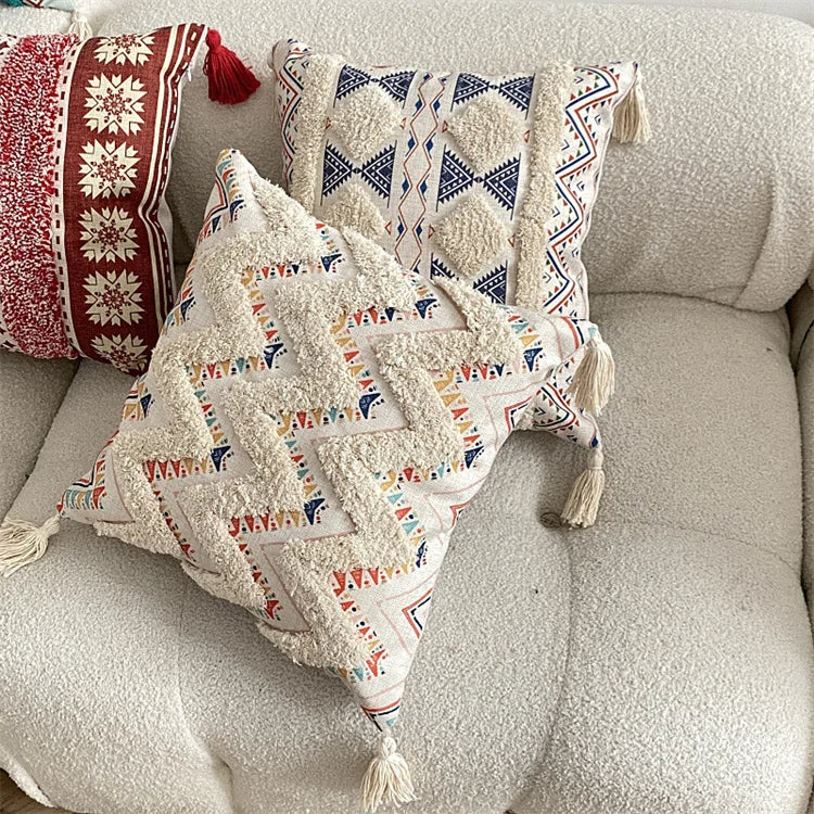 Boho Tufted Throw Pillow Cover with Handwoven Stripes Tribal Bohemian Cotton Hand Woven Tufted Square Cushion Covers JAF076