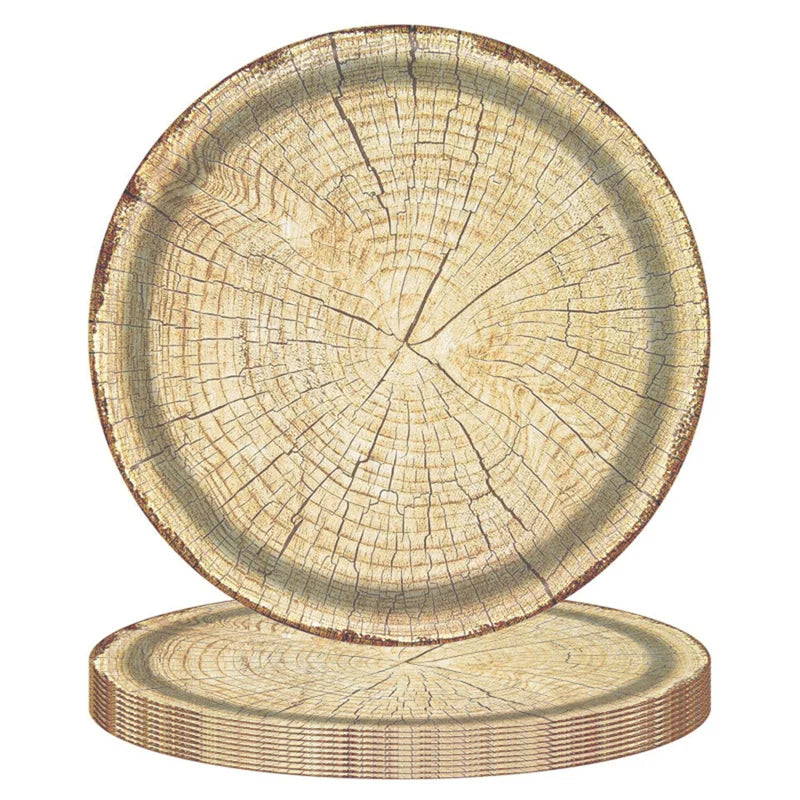 10Pcs 7/9-inch Retro Imitation Wood Grain Disposable Plate Paper Tray Birthday Party Holiday Decoration Household Tableware