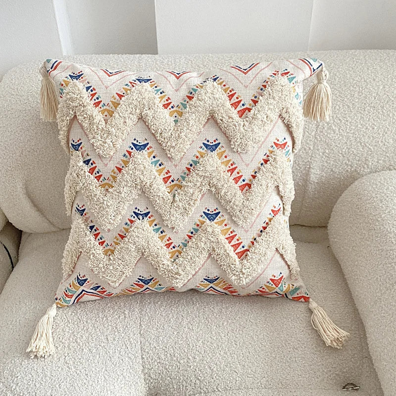 Boho Tufted Throw Pillow Cover with Handwoven Stripes Tribal Bohemian Cotton Hand Woven Tufted Square Cushion Covers JAF076