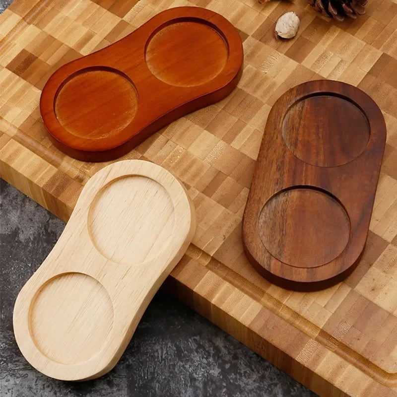 Wood Pepper Mill Tray Bamboo Salt Pepper Shaker Stand Tray Double Hole Base Tea Tray Home Decor Seasoning Bottle Storage Holder