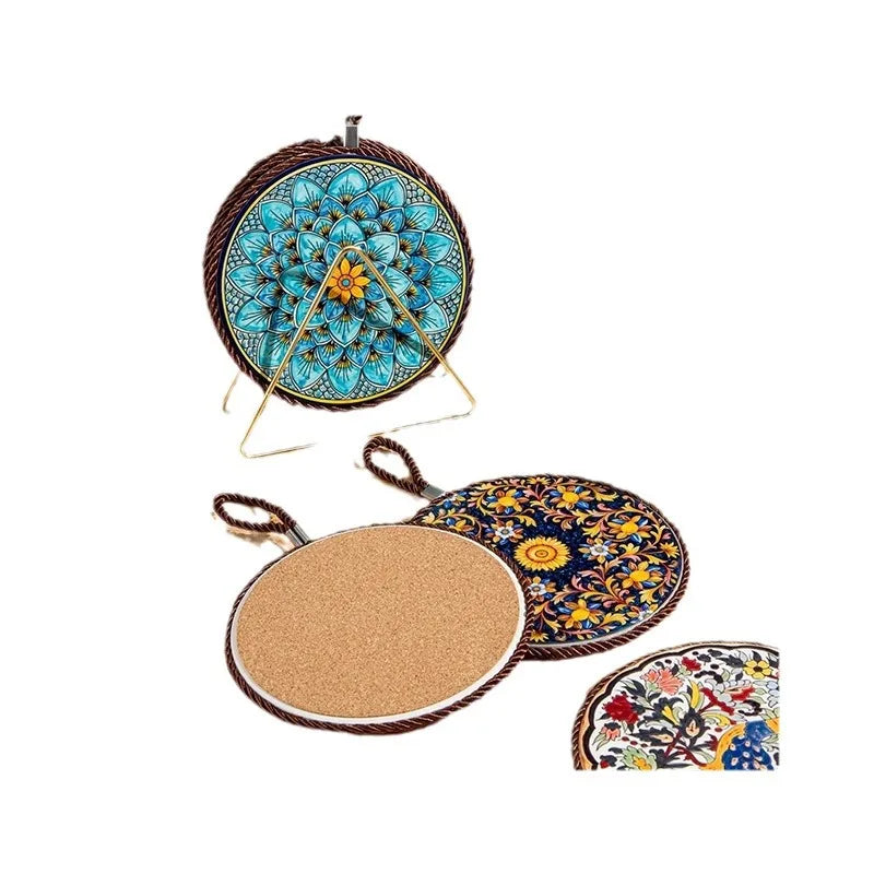 1pcs Ceramic Insulation Pad Ceramic Surface and Cork Bottom Construction with Hanging Rope Suitable for Serving Plates Cups Pans