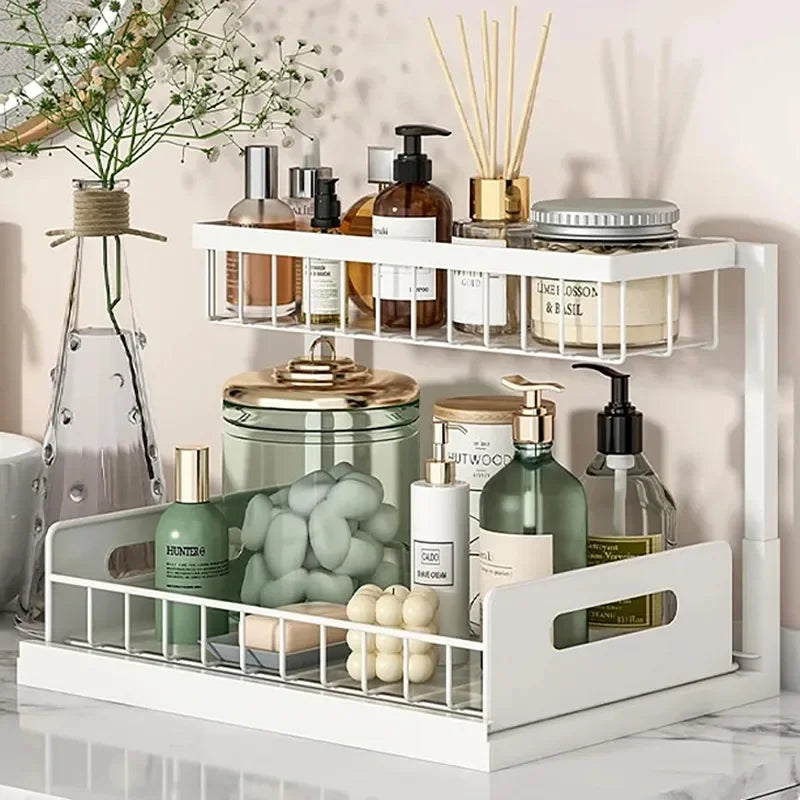 Kitchen 2 Tier Under Sink Organizer Rack with Sliding Drawer Multi-purpose Bathroom Organizer Shelf for Kitchen Bathroom Storage