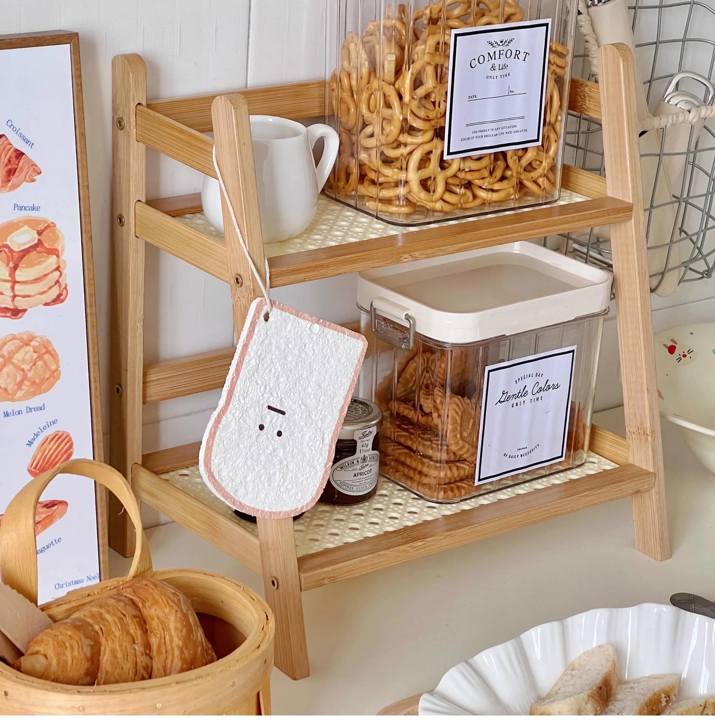 Wooden Storage Shelf 2-Tier Rattan Desktop Stand Organizer Trapezoidal Desk Display Rack Desktop Stationary Office Storage Rack