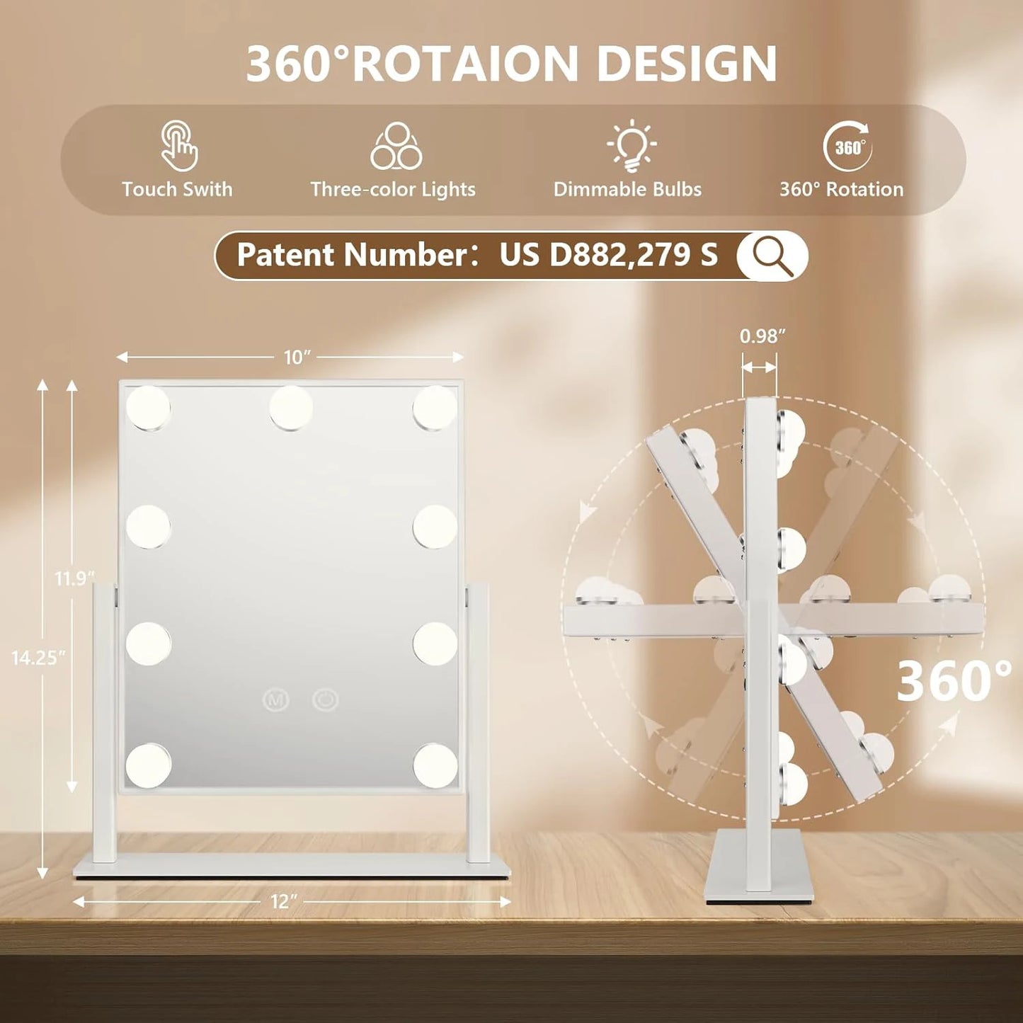 Vanity Makeup Mirror with Lights - 9/12 LED Bulbs, Touch Control, 3 Colors Light, 360° Rotation, Light Up Vanity Mirror