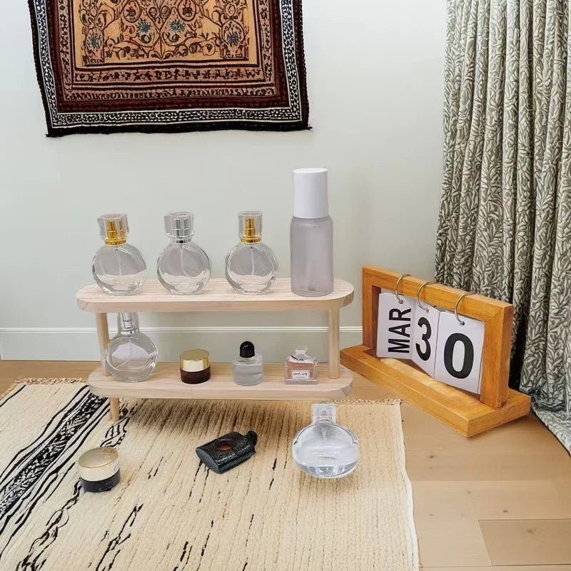 Wooden Storage Shelf 2-Tiers Desktop Organizer Shelves Desk Perfume Display Rack Desktop Dressing Table Cosmetics Storage Rack