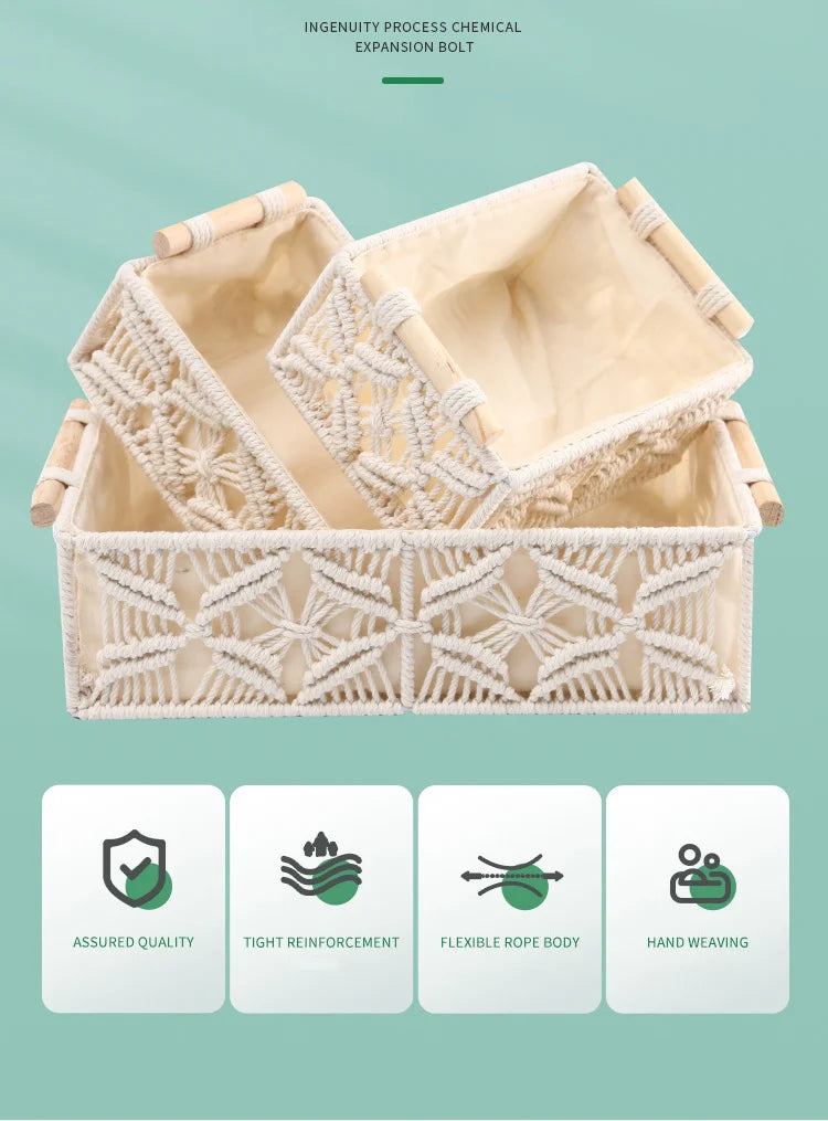 Handmade Woven Basket Cotton Rope Storage  Book Toy Desktop Sundries Storage Box Literary and Retro Style