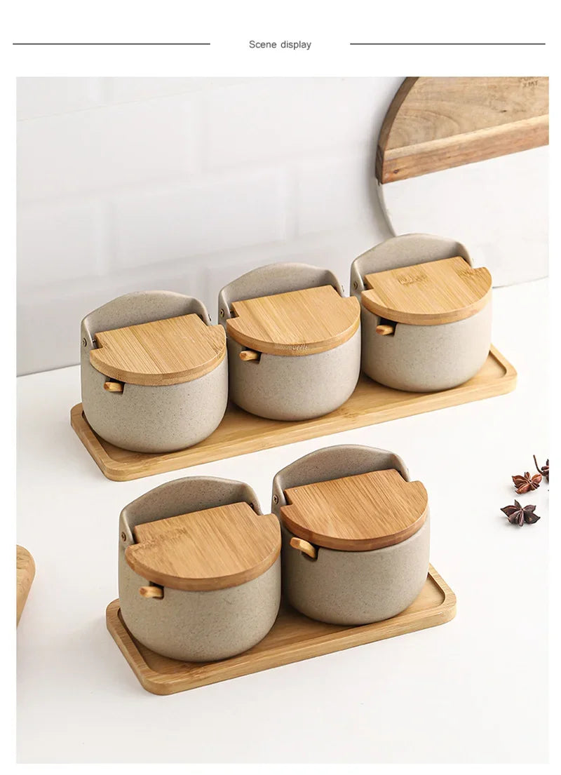Japanese Style Ceramic Seasoning Jar Bamboo lid Spice jar With Spoon Kitchen Sugar Salt Spices Storage Box Household Container