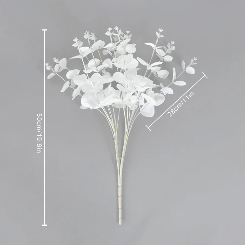 16Heads 50cm Artificial Flower White Fake Eucalyptus Leaves Faux Eucalyptus Branch with Stems for Home/Wedding Party Decor