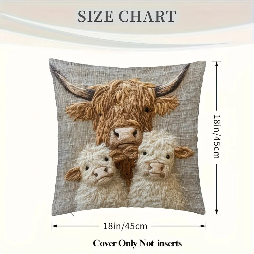 Highland Cow Family Design Pillow Cover-Soft Polyester,45cm x 45cm,Zipper Closure,Machine Washable (Pillow Insert Not Included)