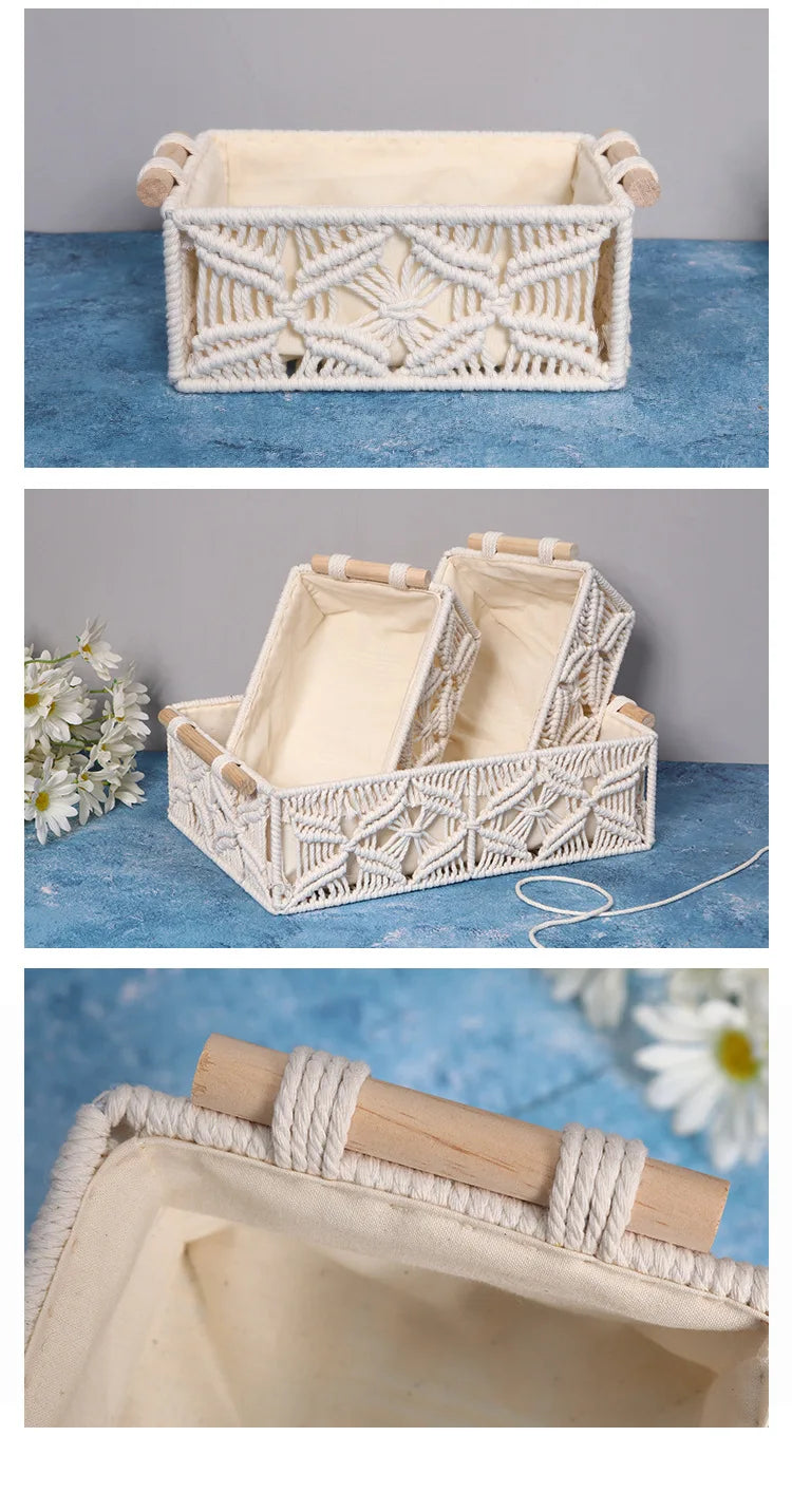 Handmade Woven Basket Cotton Rope Storage  Book Toy Desktop Sundries Storage Box Literary and Retro Style