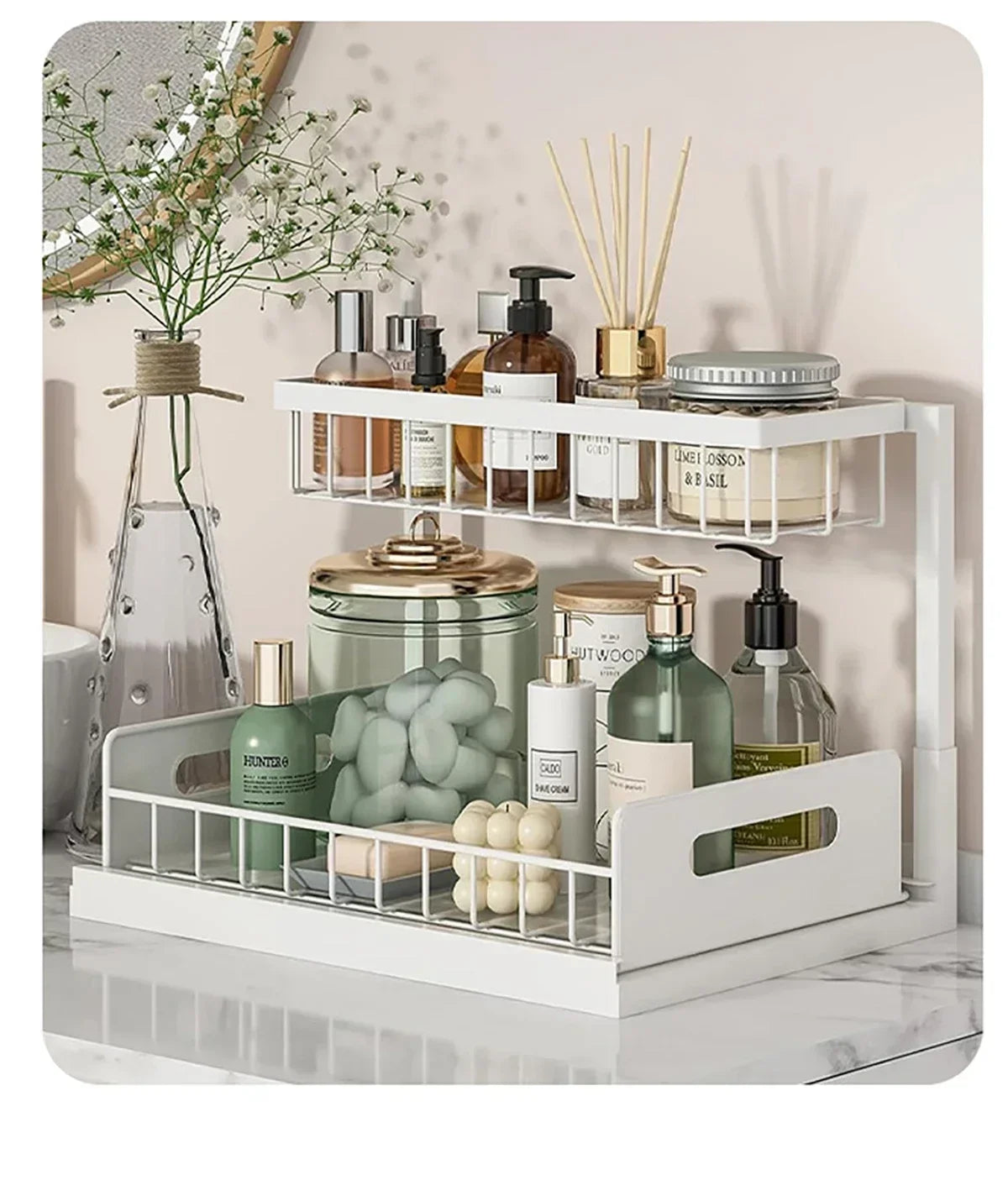 Kitchen 2 Tier Under Sink Organizer Rack with Sliding Drawer Multi-purpose Bathroom Organizer Shelf for Kitchen Bathroom Storage