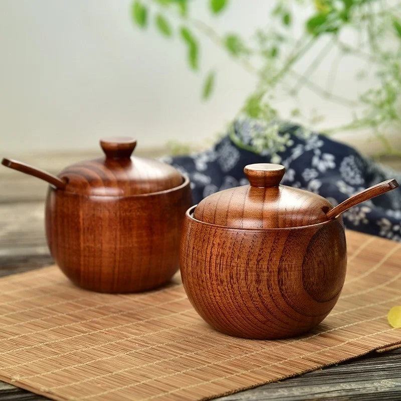 Wooden Seasoning Jar Salt Jar with Lid and Spoon Spice Pepper Seasoning Container Condiment Storage Bowl Household Kitchen Tool
