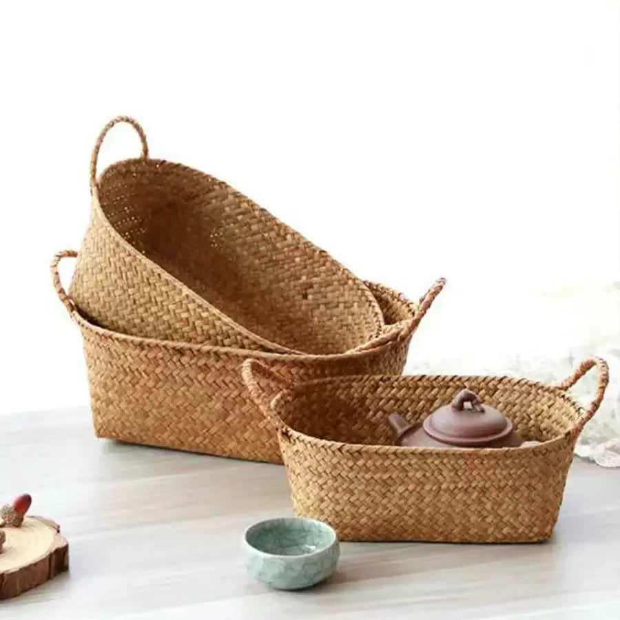 Woven Storage Basket for Fruits And Snacks, Double-Handled Rattan Basket for Organizing Miscellaneous Items, Shelf Baskets