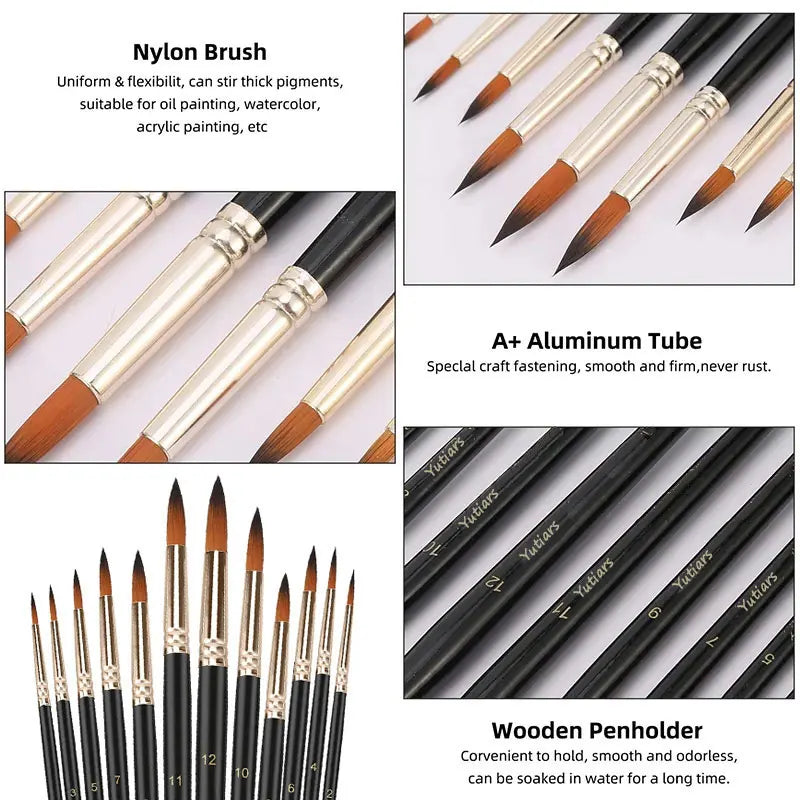 Yutiars Professional Artist Paint Brush Set 12 Pieces with Premium Synthetic Nylon Bristles for Watercolor, Oil, Acrylic, Face