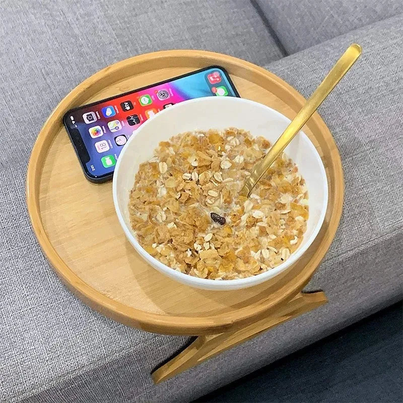Wooden Sofa Armrest Tray Circular Clip on Breakfast Tray Home Use Foldable Sofa Side Table Snack Tray Integrated Storage Tray
