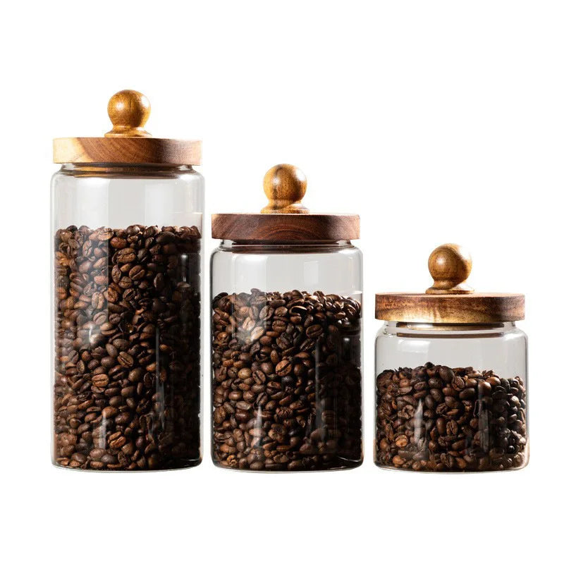 Glass Food Storage Jar with Wood Lid Airtight Sealed Clear Container for Coffee Beans Nuts Spice Candy Moisture-proof Storage