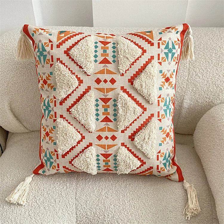 Boho Tufted Throw Pillow Cover with Handwoven Stripes Tribal Bohemian Cotton Hand Woven Tufted Square Cushion Covers JAF076