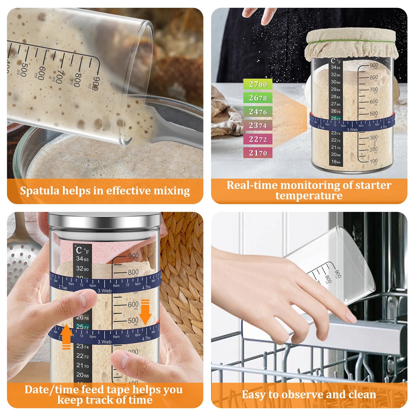 Sourdough Starter Jar 900ml Starter Container Clear Glass Jar Kitchen Sourdough Bread Baking Supplies Fermentation Food Storage