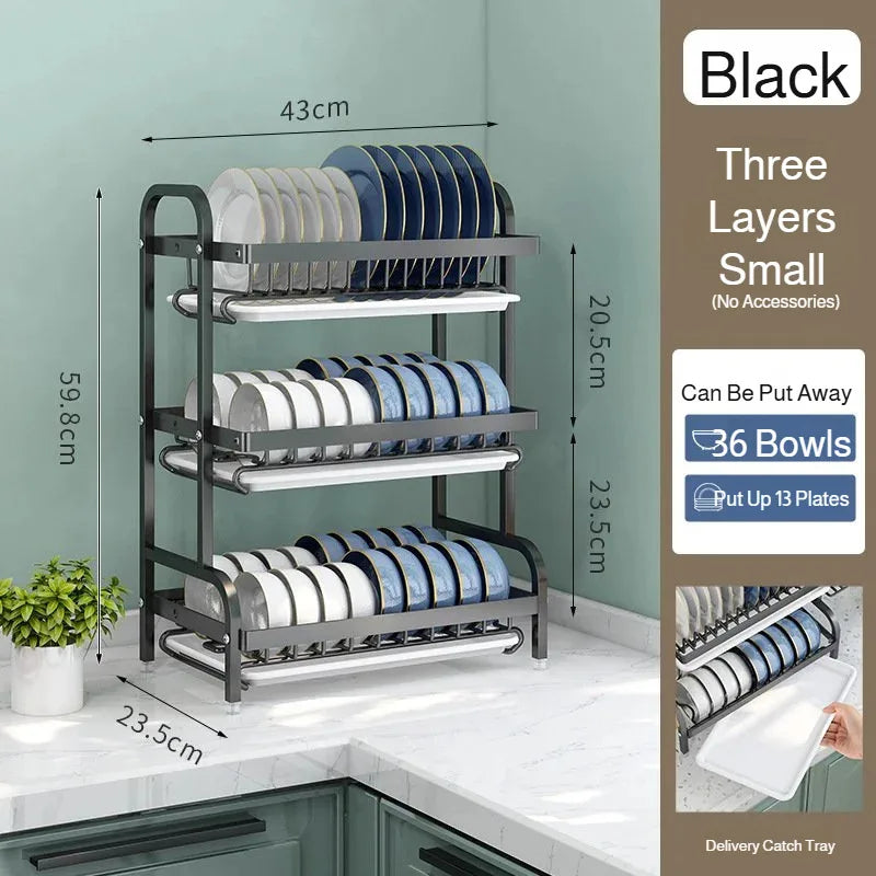 【Multi-Functional Kitchen Storage Rack】Dish Plate Organizer with Drainage Rack Countertop Utensil Holder for Chopsticks &