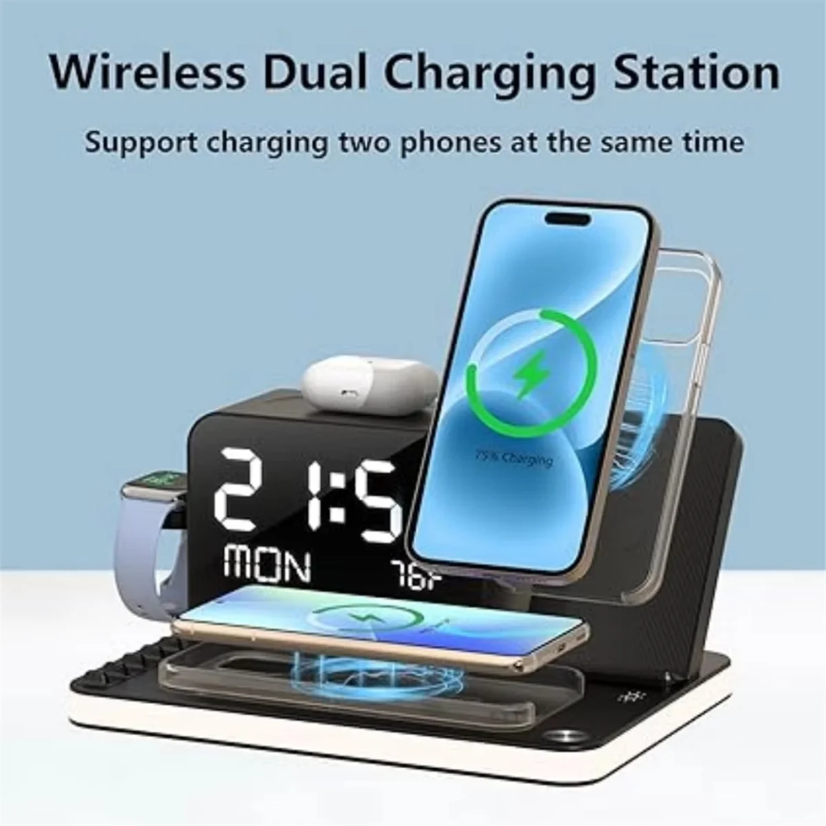 SEMOIC Wireless Charging Station 7 in 1 Fast Charger Stand with Clock Night Lights for Watches Smartphones